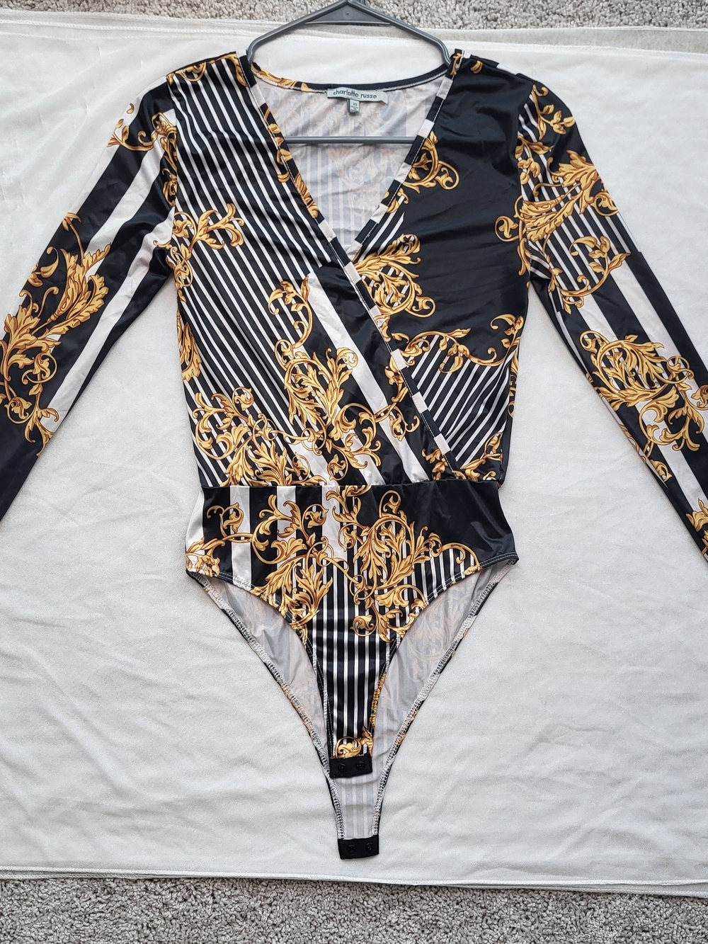 Charlotte Russe Black and Gold Baroque Long-Sleeve One-Piece for Women's, XS